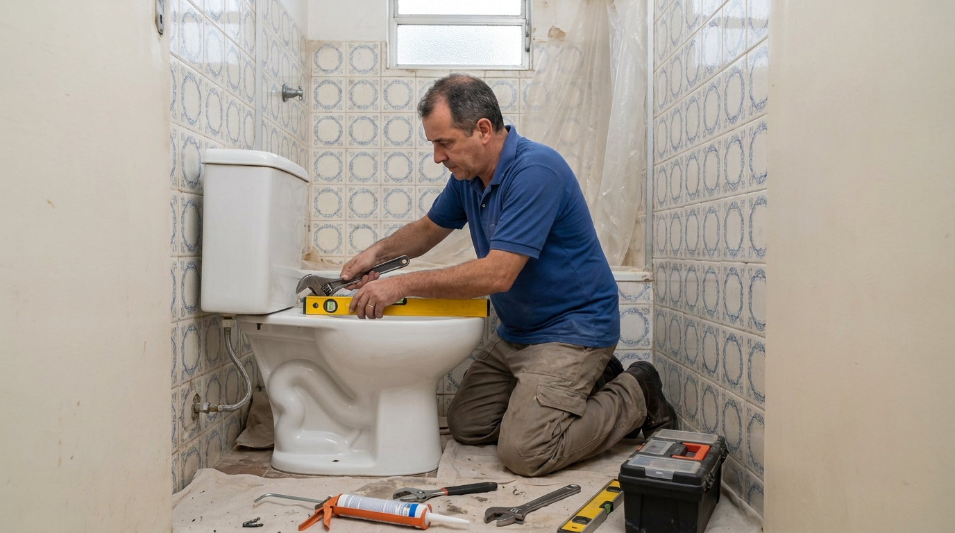 Técnico instalando vaso sanitário em Governador Valadares‑MG